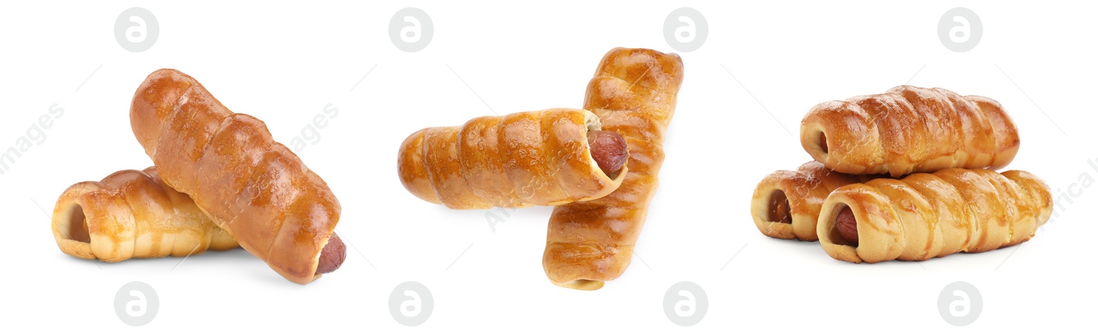 Image of Collage of tasty sausages in dough on white background