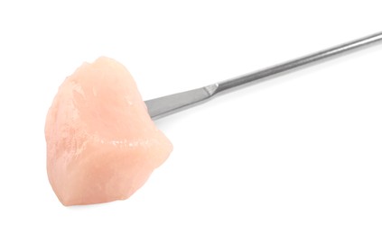Photo of Fondue fork with piece of raw meat isolated on white