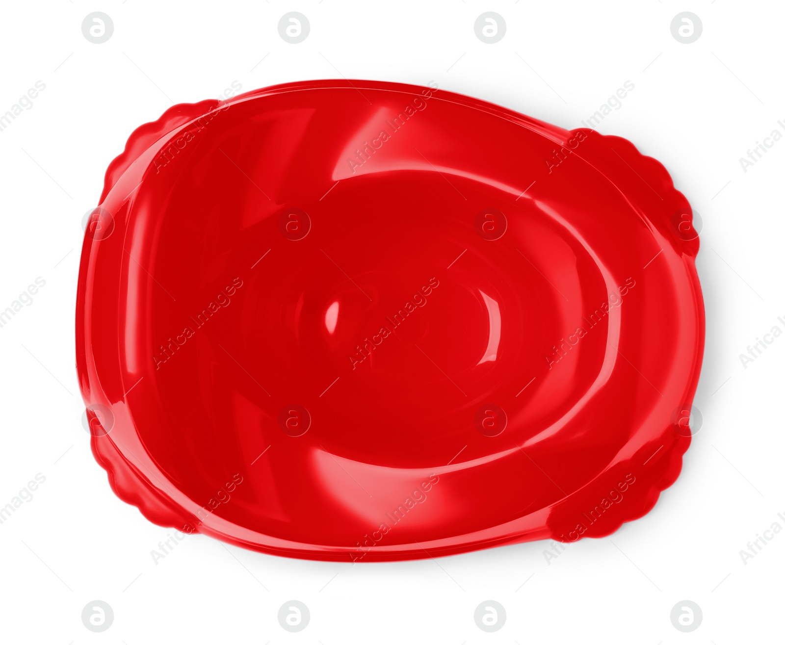 Photo of Red baby potty on white background, top view. Toilet training