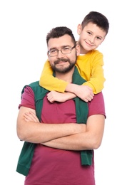 Photo of Little boy and his dad on white background