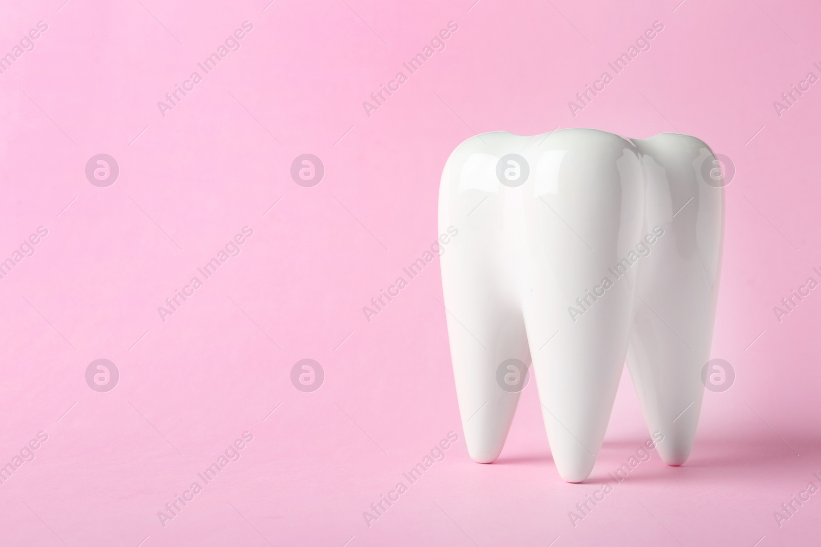 Photo of Ceramic model of tooth on color background. Space for text