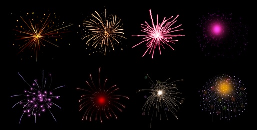 Image of Beautiful bright fireworks on black background, collage. Illustration