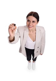 Beautiful businesswoman in suit with marker on white background, above view