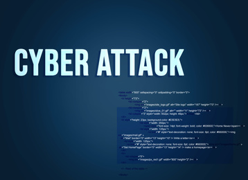 Phrase Cyber attack and source code on dark background
