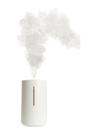Image of New modern air humidifier with steam isolated on white