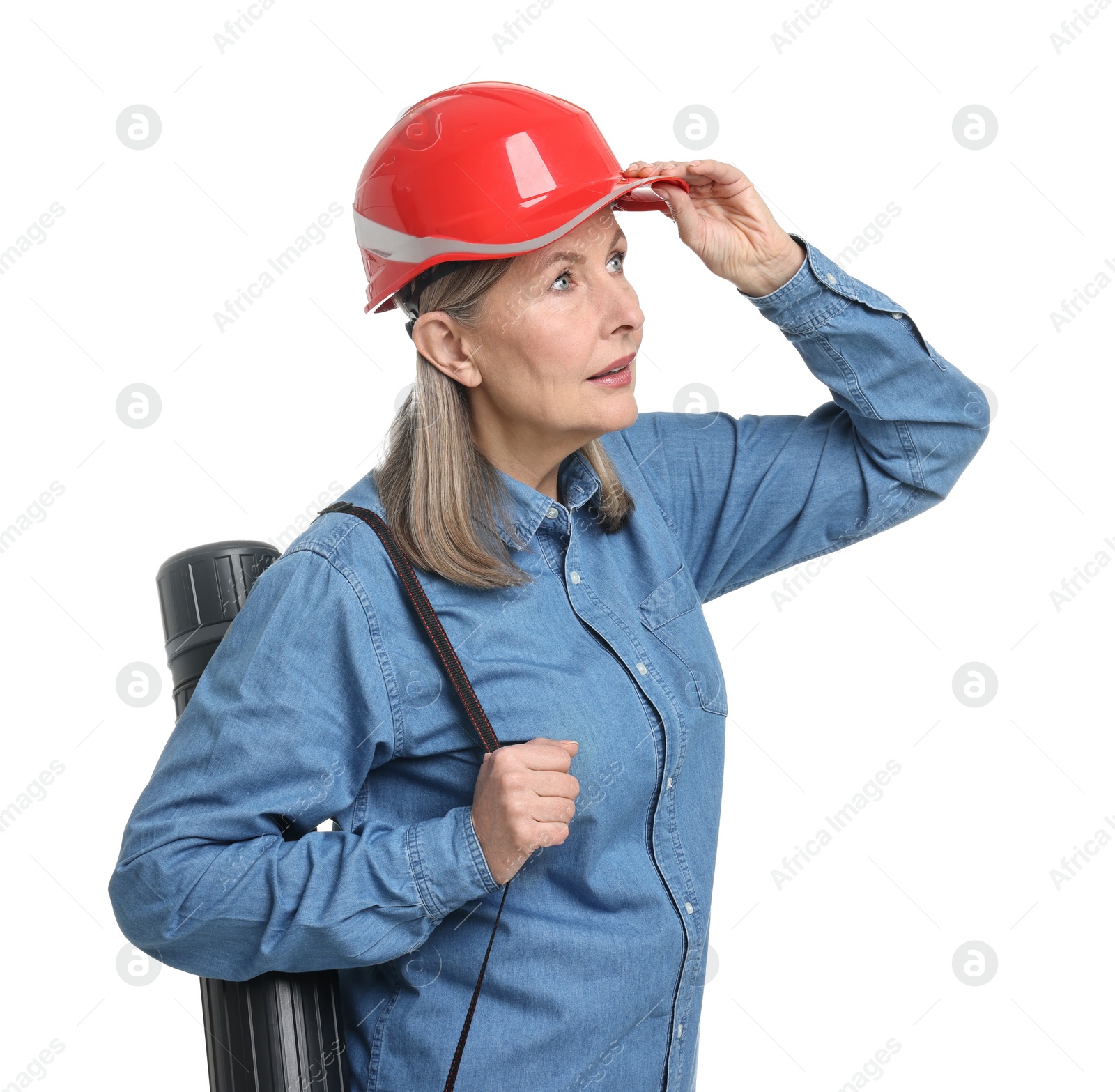 Photo of Architect in hard hat with tube on white background