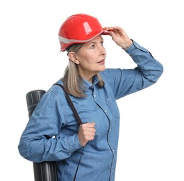 Architect in hard hat with tube on white background