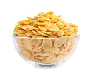 Photo of Glass bowl of tasty corn flakes isolated on white