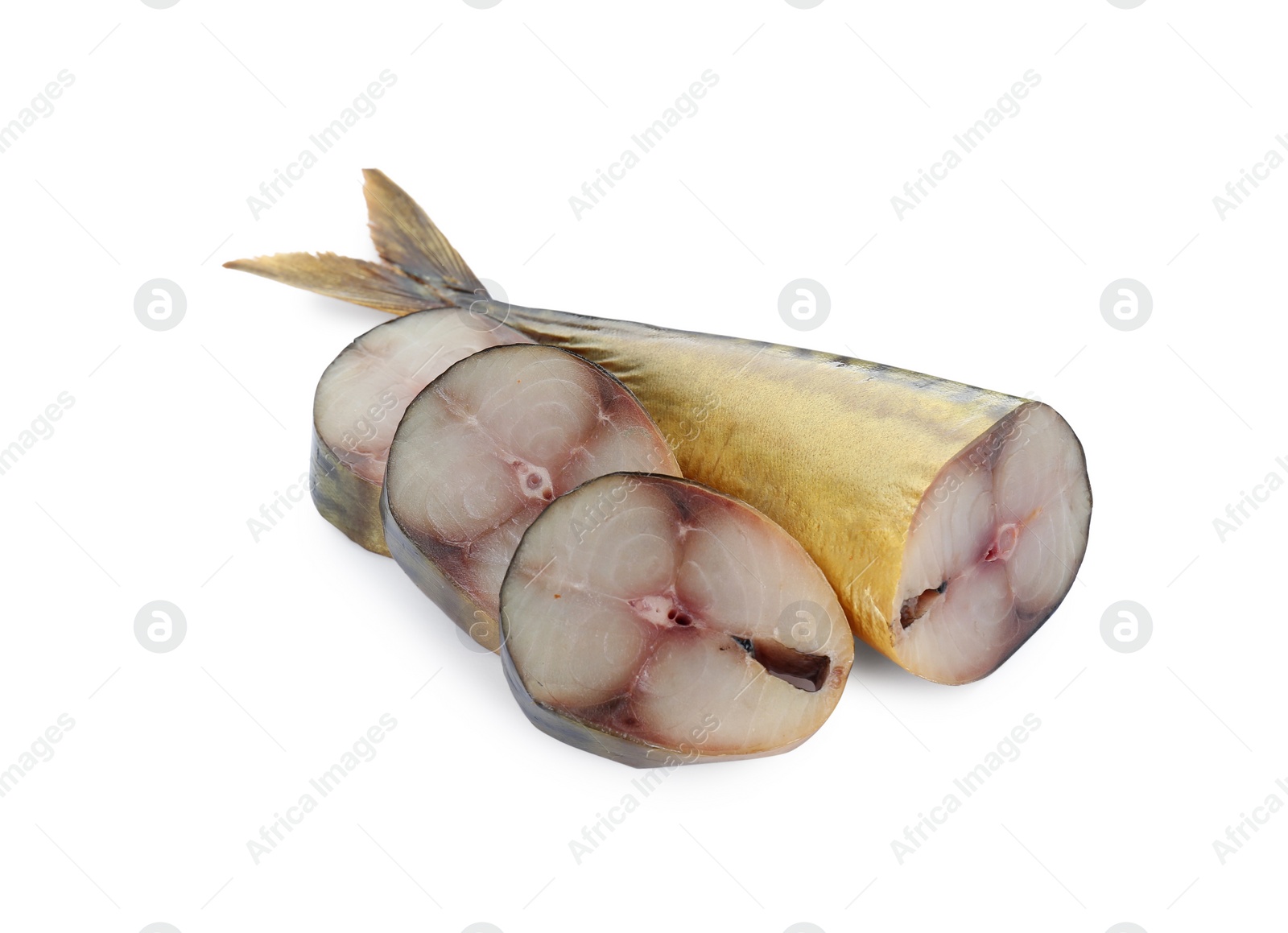 Photo of Slices of tasty smoked mackerel on white background