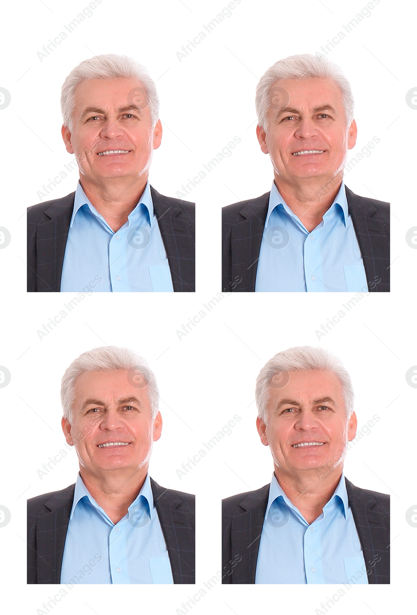 Image of Passport photo, collage. Man on white background, set of photos