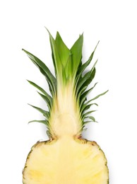 Half of ripe pineapple on white background, top view. Space for text