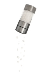 Image of Salt crystals falling from shaker on white background