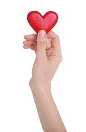 Photo of Woman holding decorative heart in hand on white background, closeup