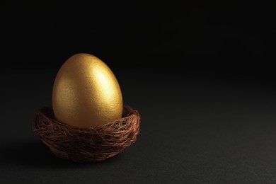 Shiny golden egg in nest on black background, space for text