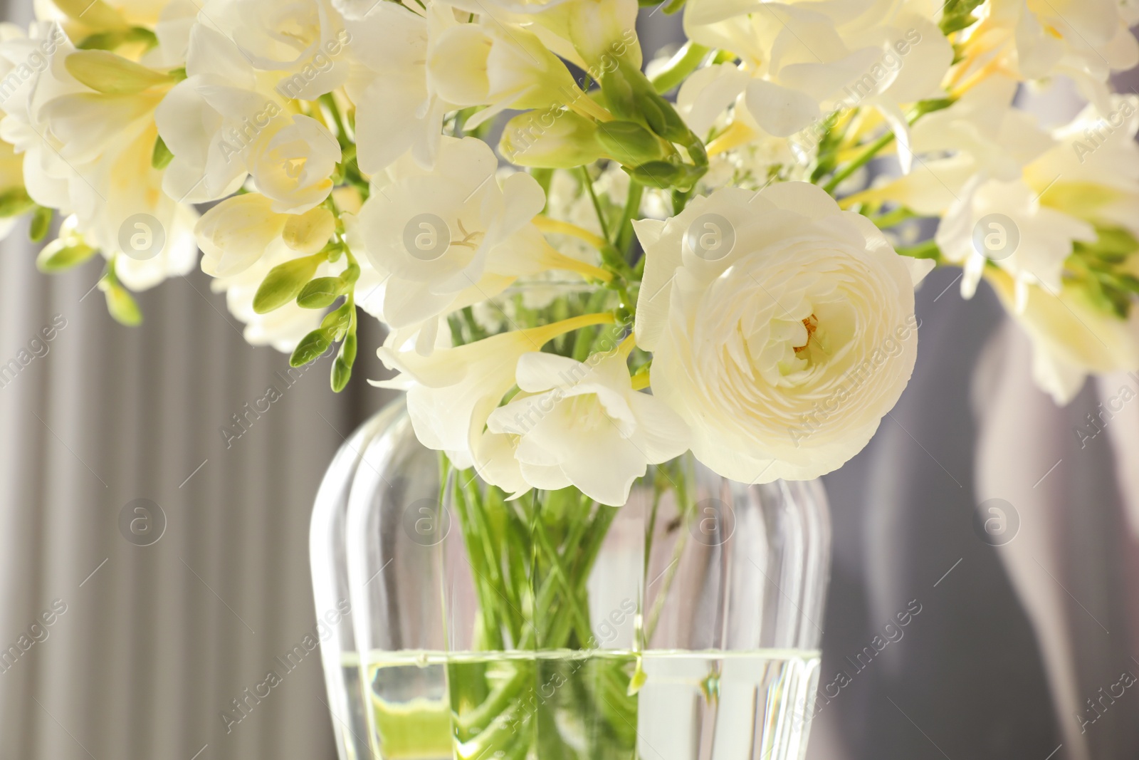 Photo of Beautiful bouquet with fresh freesia flowers in vase on color background, closeup