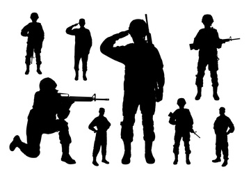 Collage with silhouettes of soldiers on white background. Military service
