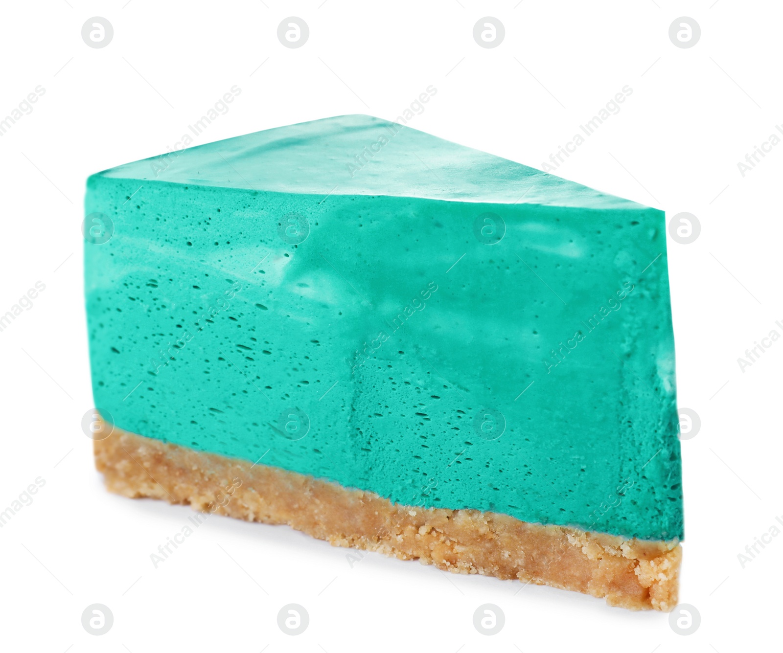 Photo of Piece of delicious spirulina cheesecake isolated on white