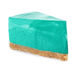 Photo of Piece of delicious spirulina cheesecake isolated on white