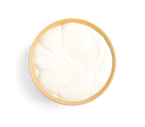 Photo of Bowl with creamy yogurt on white background, top view