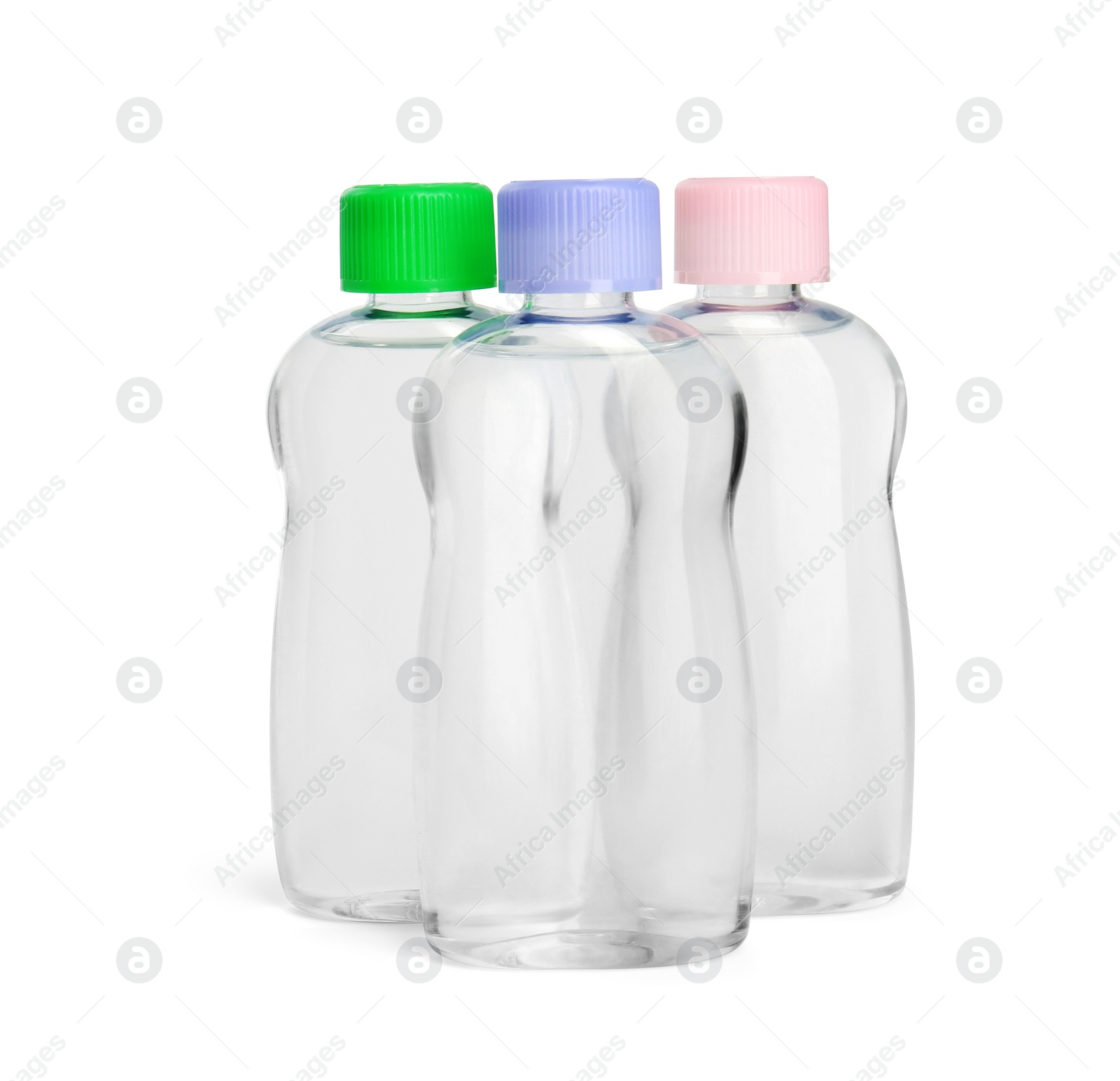 Photo of Transparent bottles with baby oil isolated on white