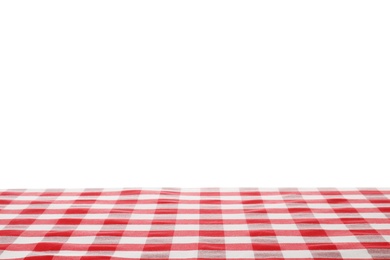 Photo of Table with red checkered cloth isolated on white