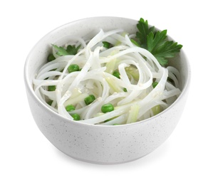 Photo of Bowl of rice noodles with vegetables isolated on white