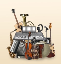 Image of Group of different musical instruments on beige background