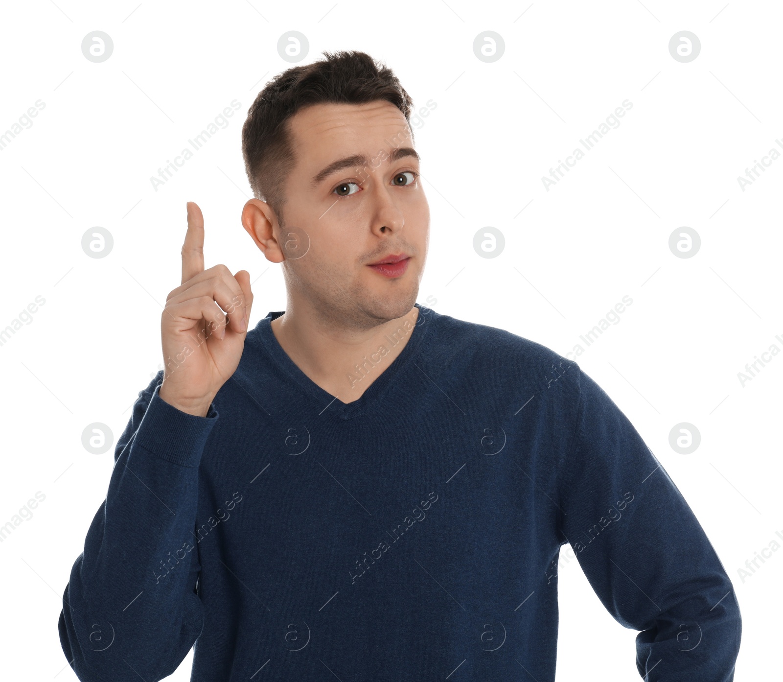 Photo of Portrait of emotional young man on white background