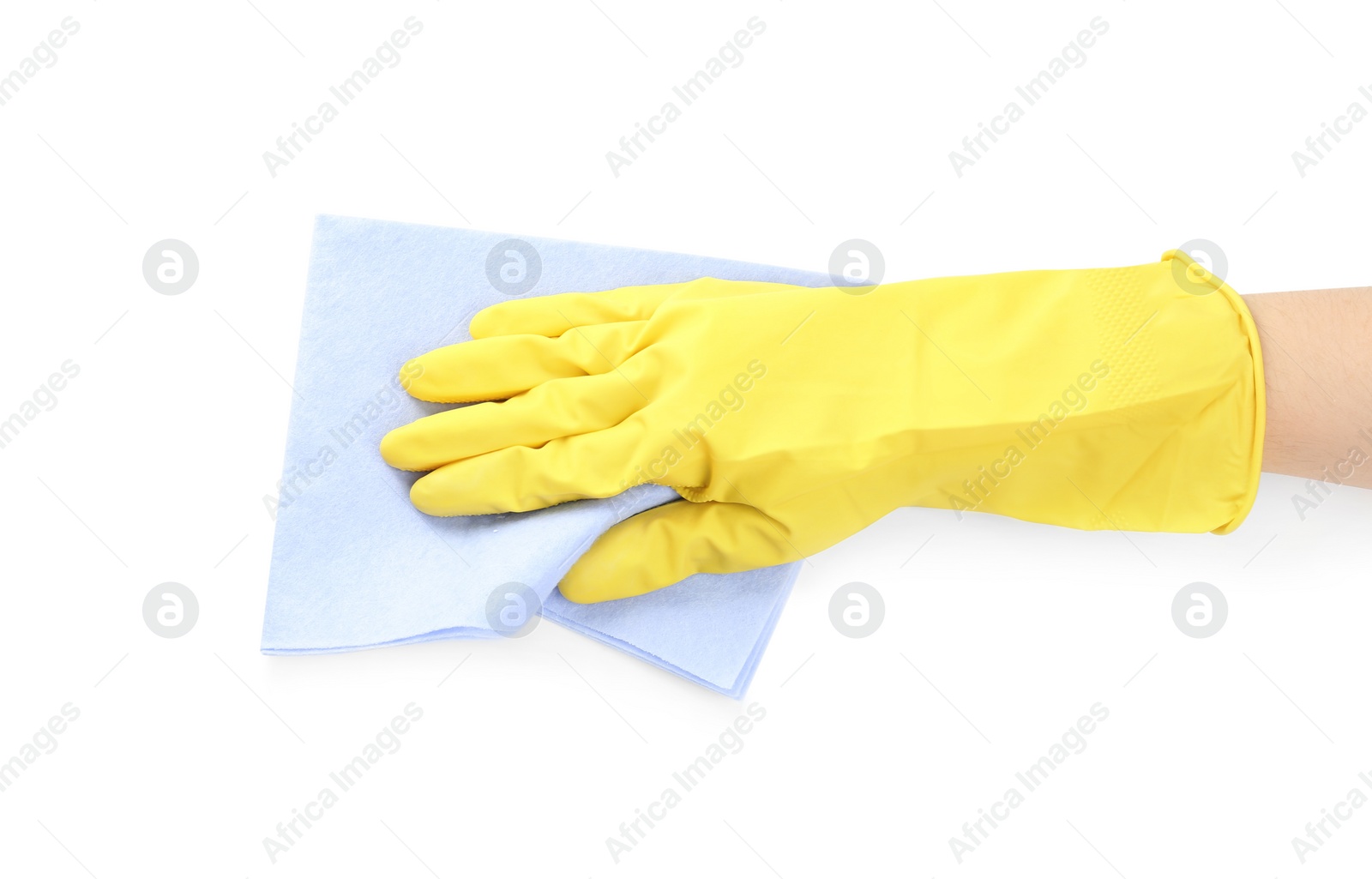 Photo of Person in rubber glove with rag on white background, closeup of hand