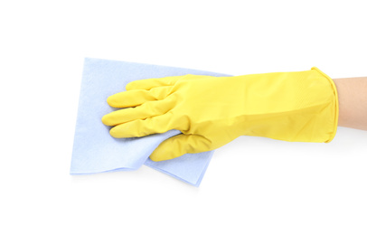 Photo of Person in rubber glove with rag on white background, closeup of hand