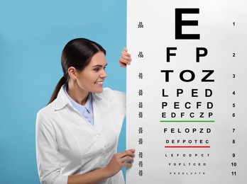 Ophthalmologist with vision test chart on light blue background