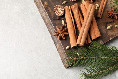 Photo of Board with different aromatic spices and fir branches on light table, top view. Space for text