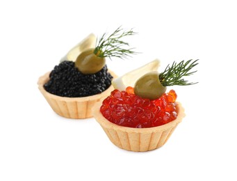 Photo of Delicious tartlets with caviar and olives on white background