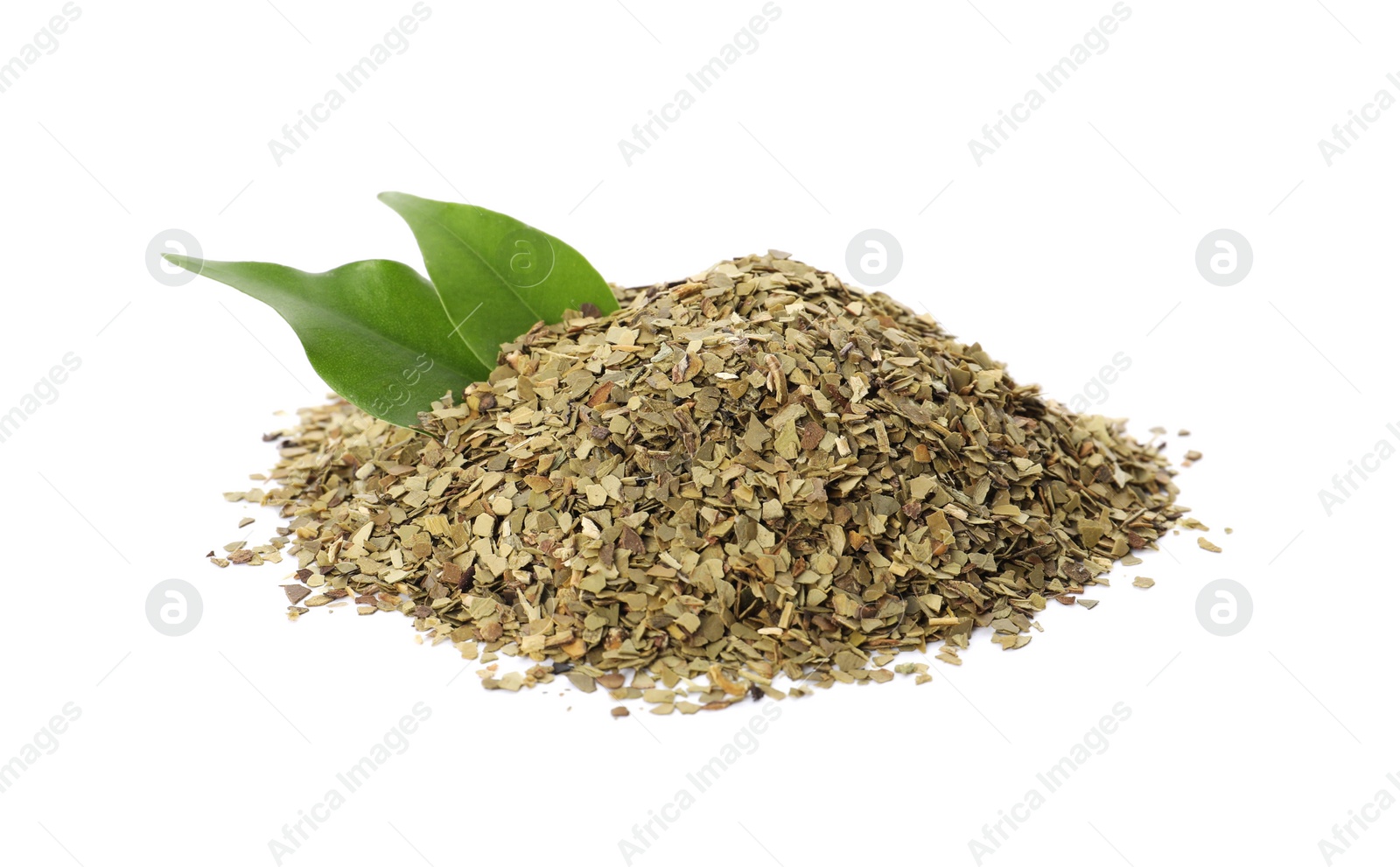 Photo of Pile of aromatic mate tea and fresh leaves on white background