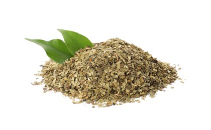 Photo of Pile of aromatic mate tea and fresh leaves on white background