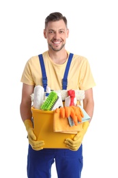 Photo of Male janitor with cleaning supplies on white background