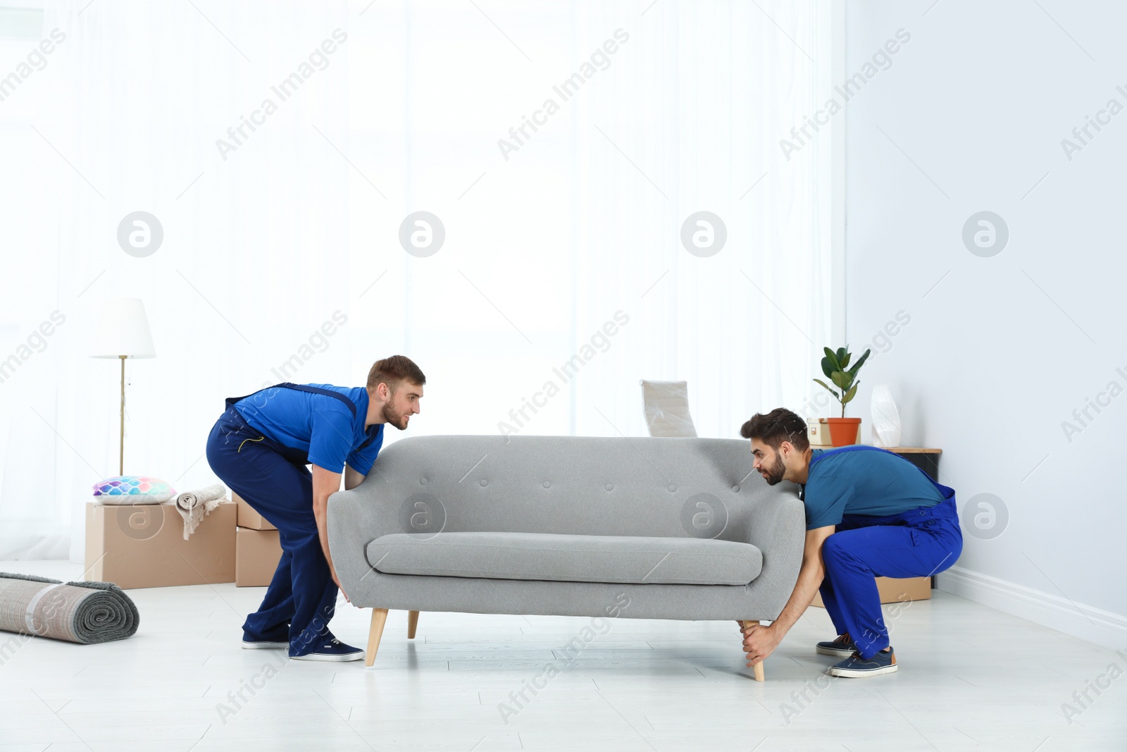 Photo of Young workers carrying sofa in room. Moving service