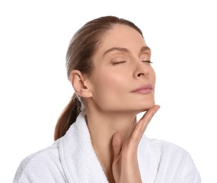 Photo of Woman massaging her face on white background