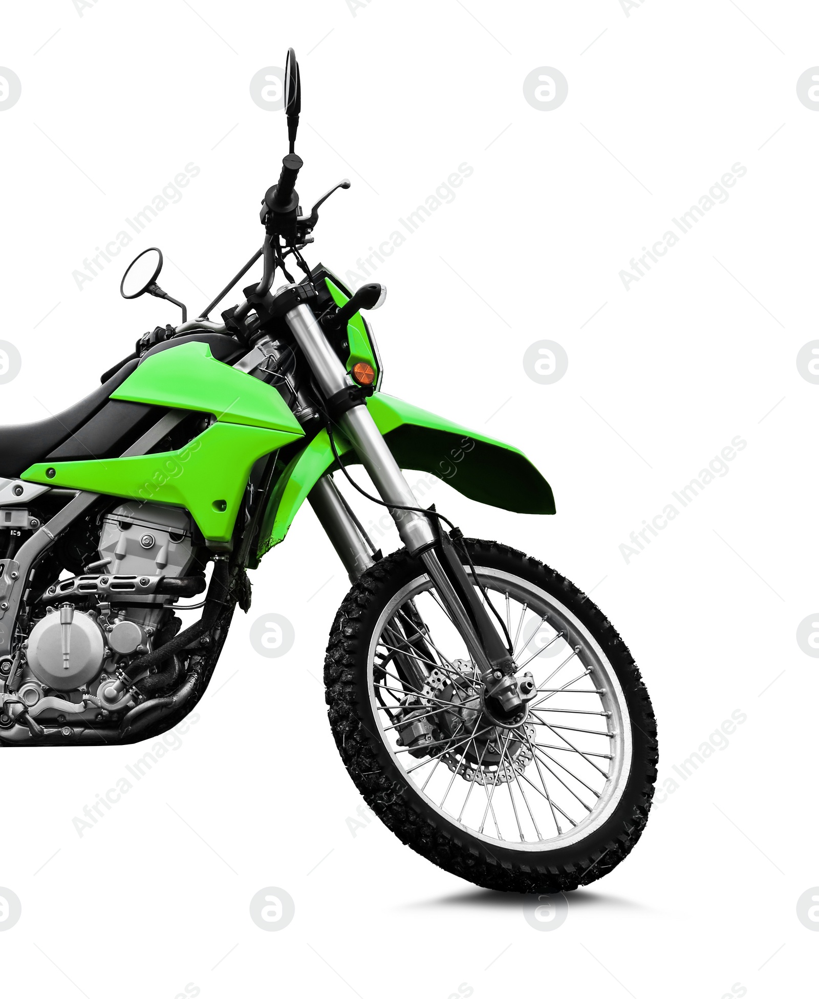 Image of Stylish green cross motorcycle on white background