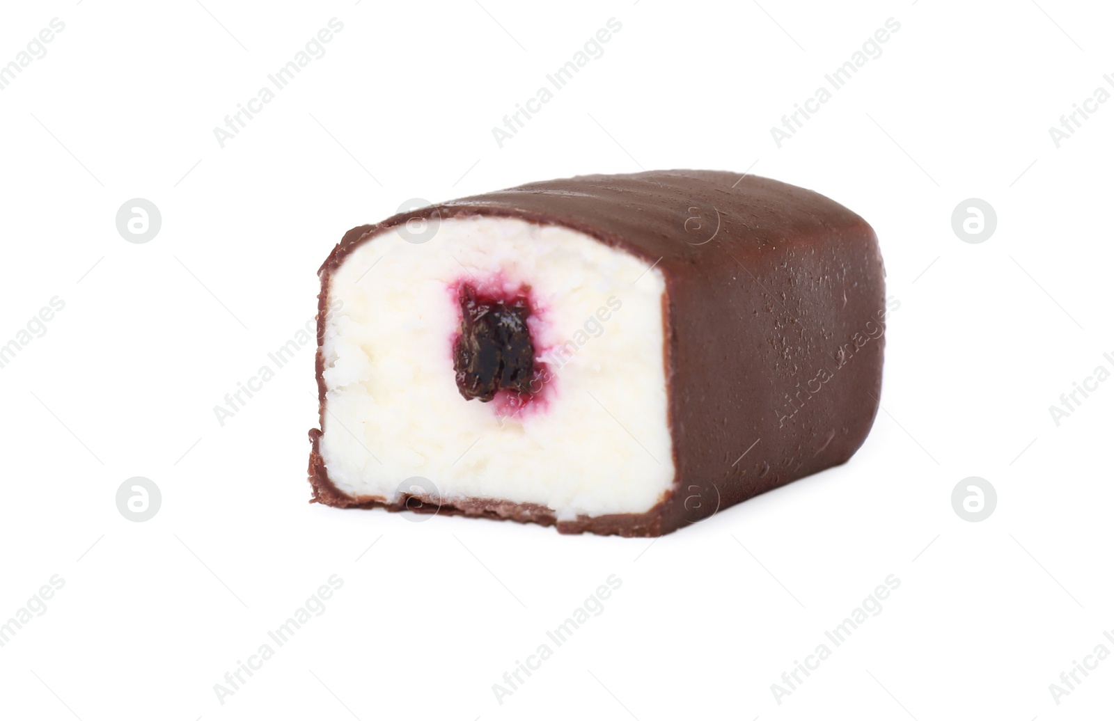 Photo of Half of glazed curd with berry filling isolated on white