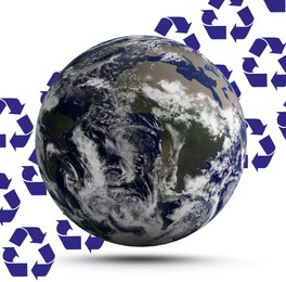 Image of Illustration of recycling symbols and Earth on white background
