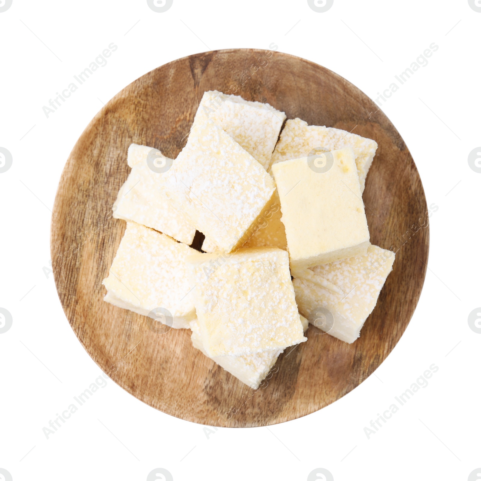 Photo of Many tasty marshmallows on white background, top view