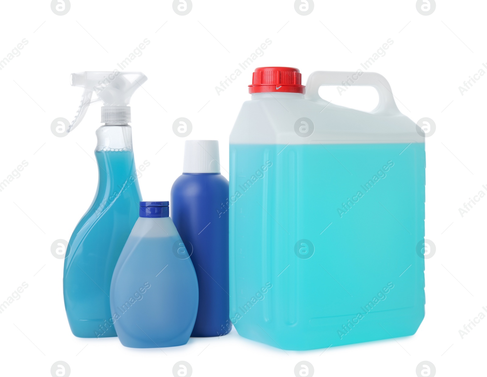 Photo of Set of different cleaning supplies on white background