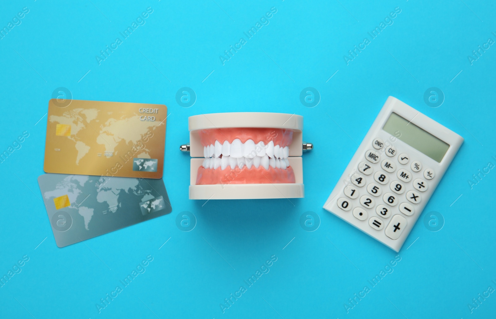 Photo of Educational dental typodont model, credit cards and calculator on light blue background, flat lay. Expensive treatment