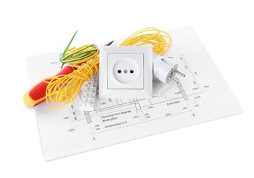 Photo of Set of electrician's accessories on white background
