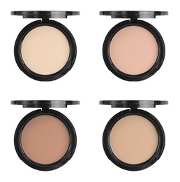 Compact face powders of different shades isolated on white, collection. Top view