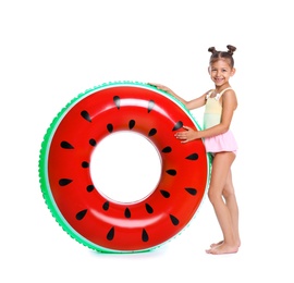 Cute little girl with inflatable ring on white background