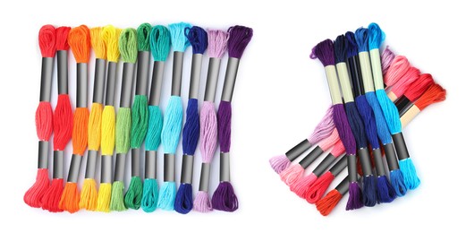 Image of Set with multicolor embroidery threads on white background, top view. Banner design