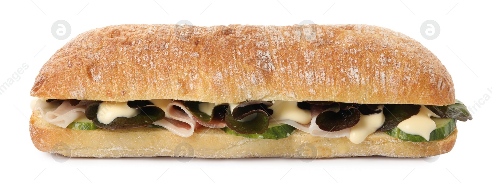 Photo of Delicious sandwich with vegetables, ham and mayonnaise isolated white