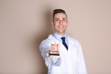 Male dentist holding teeth model on color background